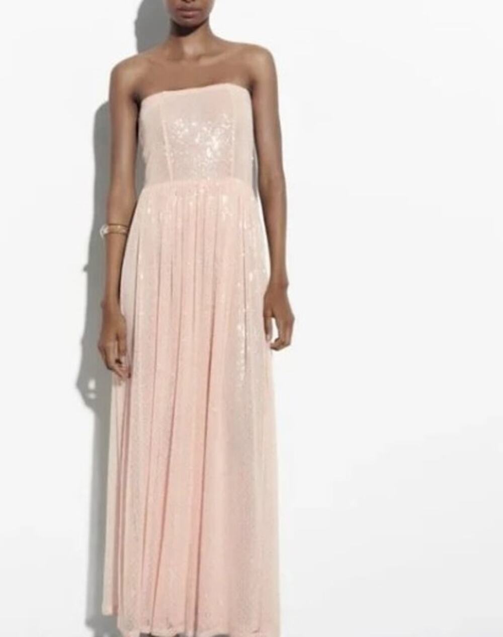 Zara Powder Pink Sequin Strapless Maxi Dress Stretch Fit Size Medium